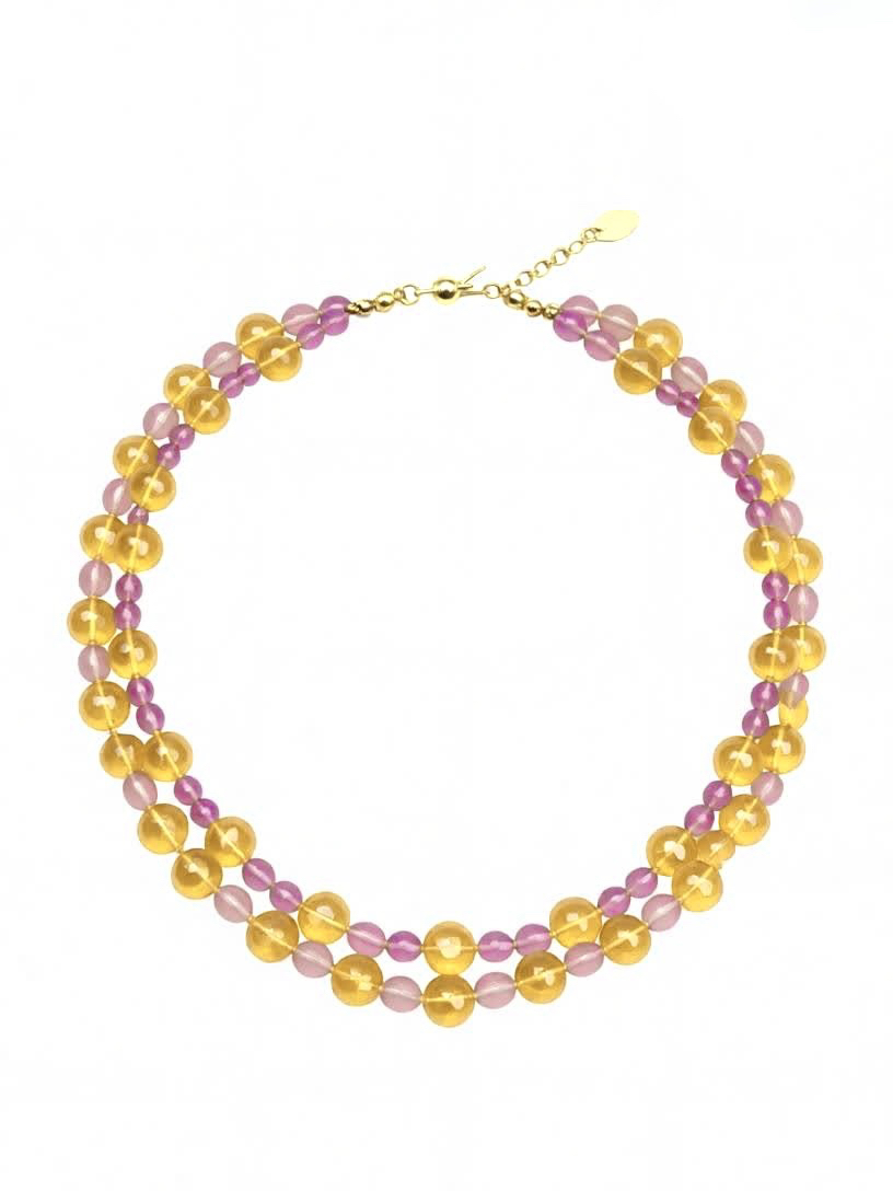 Double-strand necklace with citrine and amethyst