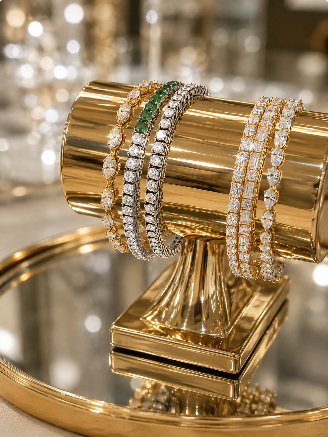 Set of tennis bracelets in yellow and white gold with white and green stones