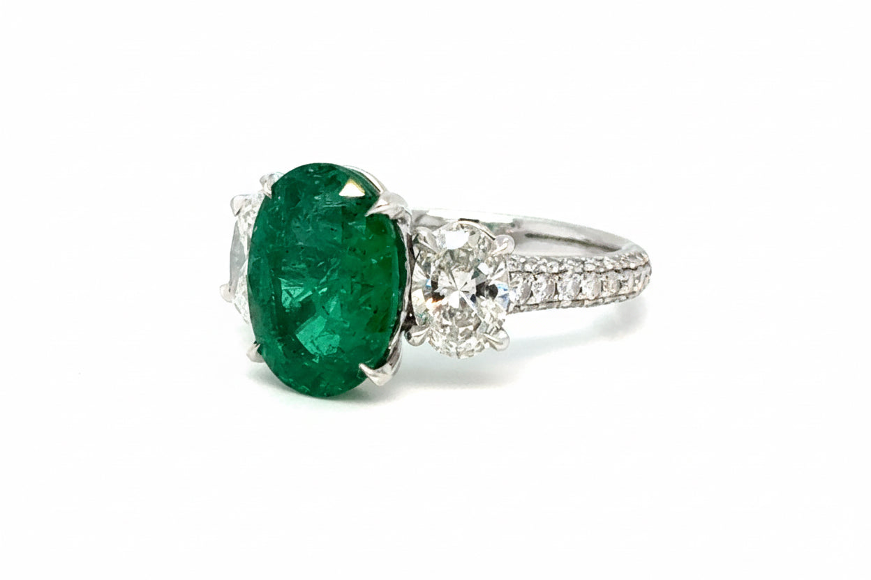 Trilogy 3.88ct Oval Emerald and diamond platinum ring