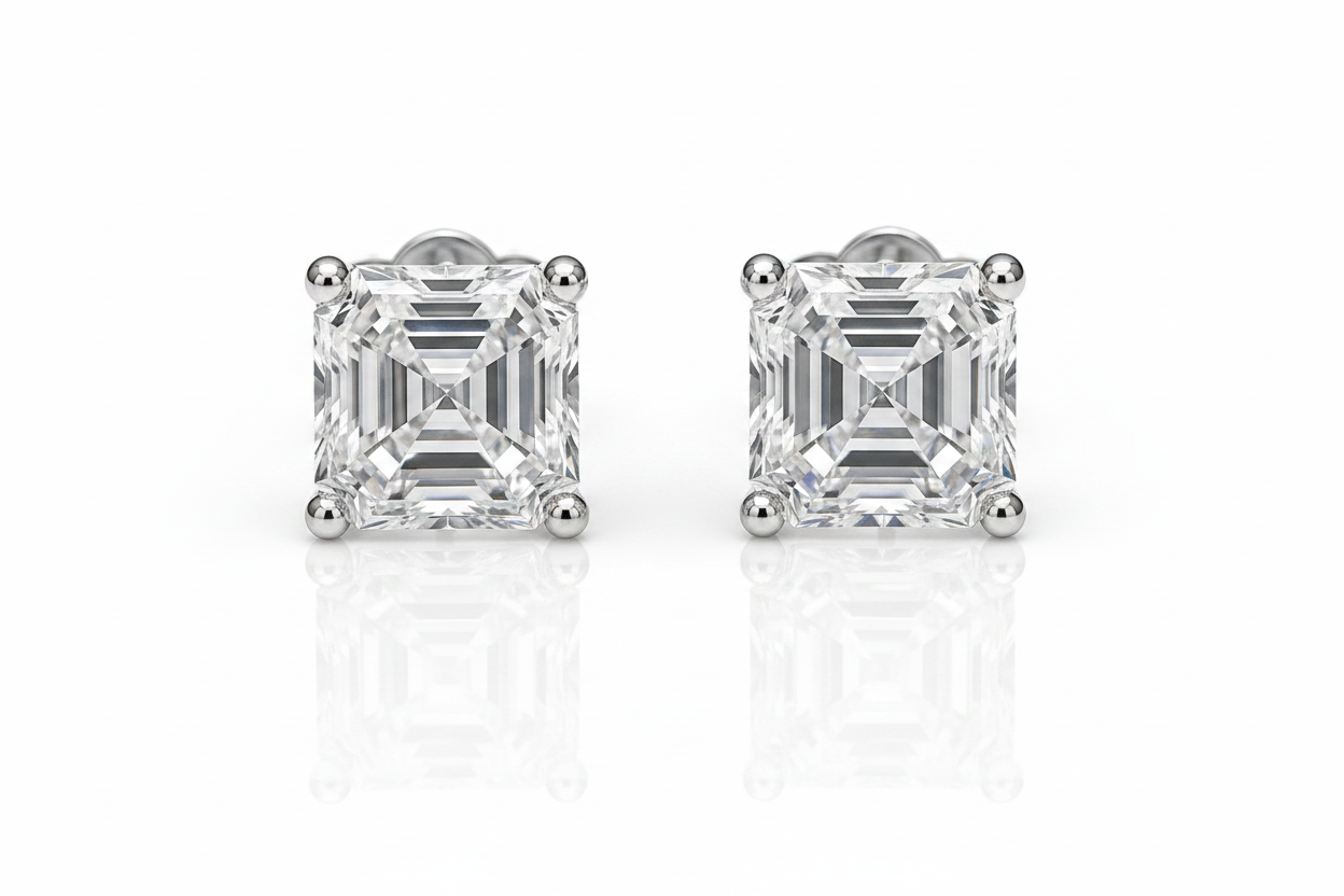 White gold stud earrings with asscher cut diamonds