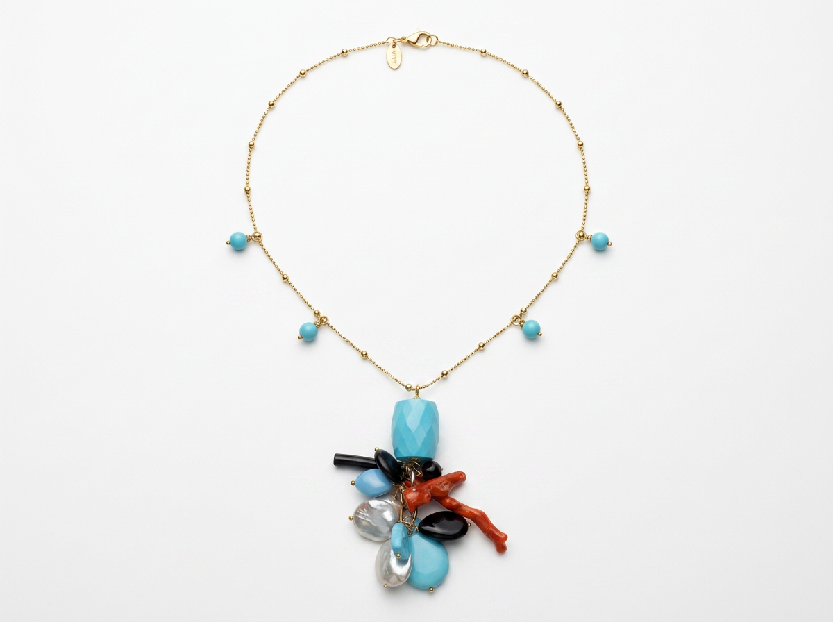 Gold necklace with turquoise, coral, onyx and pearls