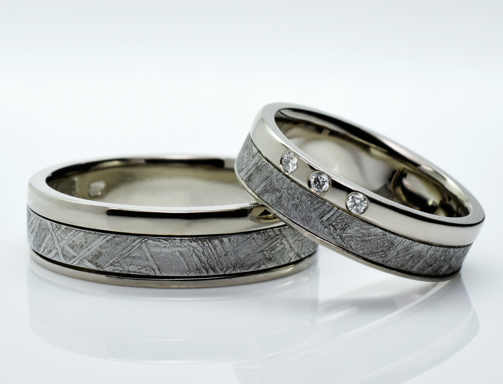 White gold wedding rings with meteorite and diamonds
