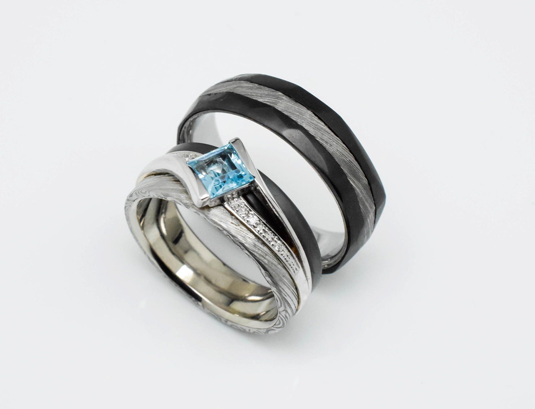 Wedding ring set with blue stone and diamonds
