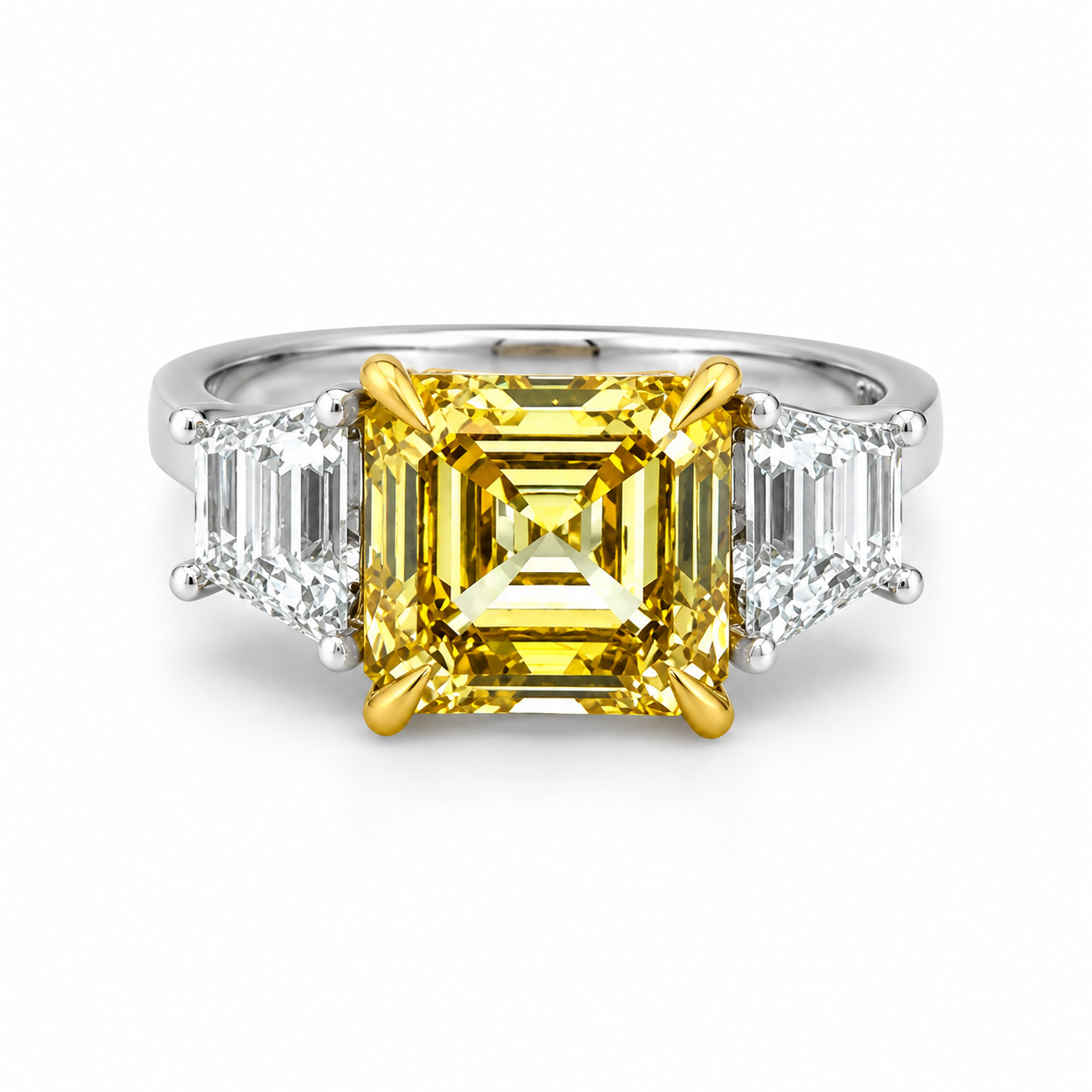 5.01ct Fancy Yellow Asscher  and Trapezoid Cut Trilogy Ring in 18k white gold
