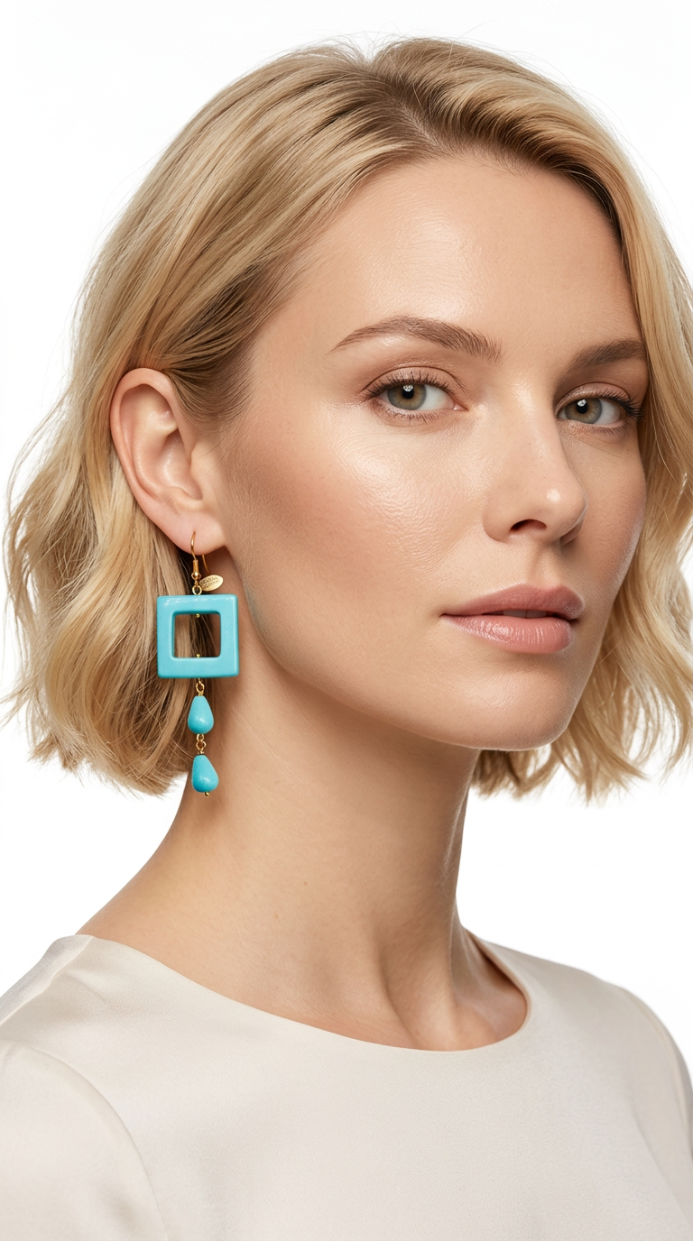 Gold earrings with turquoise square and drops
