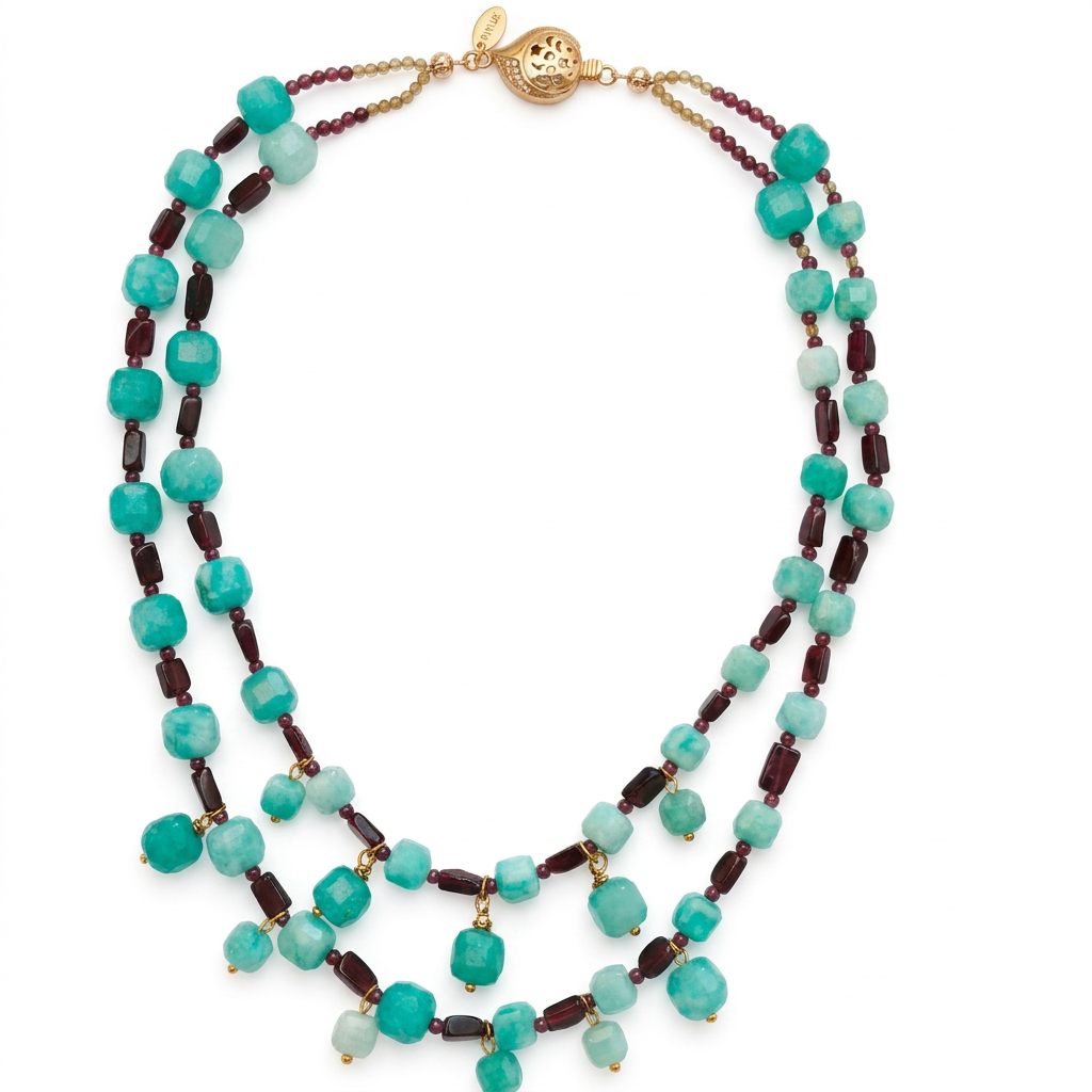 Multi-strand necklace with green-blue and garnet beads