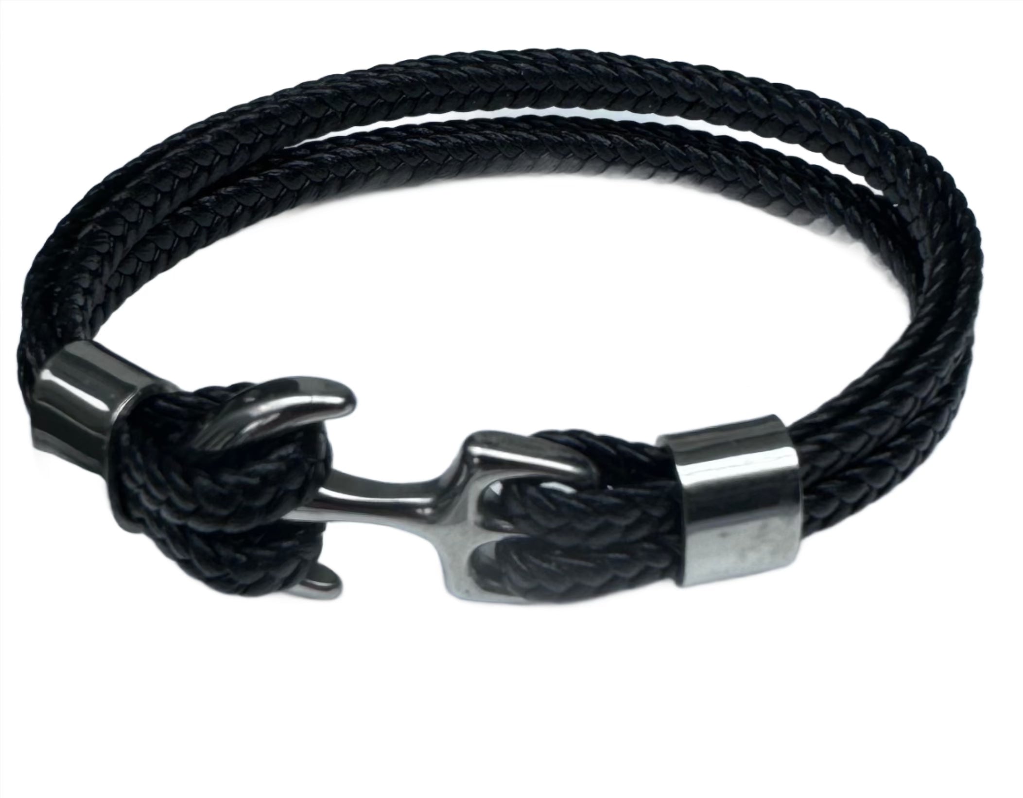 Men’s Double-Strand Woven Italian Leather Anchor Bracelet