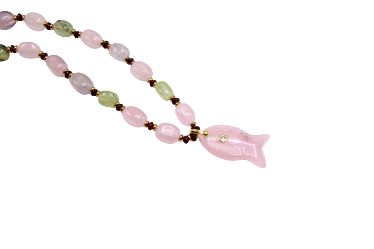 Rose quartz necklace with fish pendant
