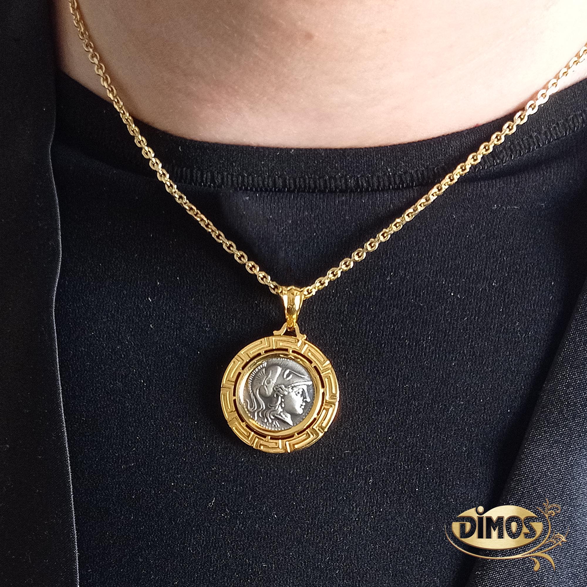14k Gold & Silver Athena Coin Pendant with Greek Key