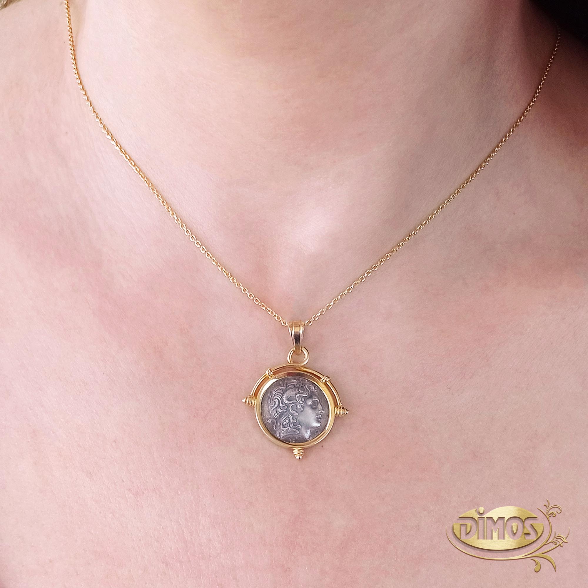 14k Gold Alexander the Great & Athena Silver Coin Pendant