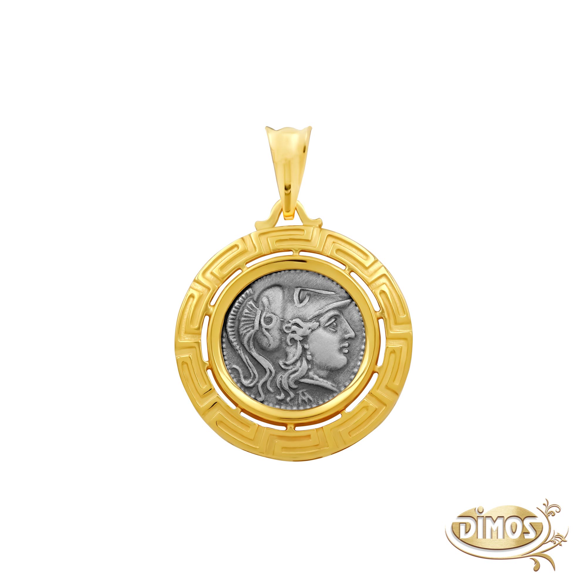14k Gold & Silver Athena Coin Pendant with Greek Key