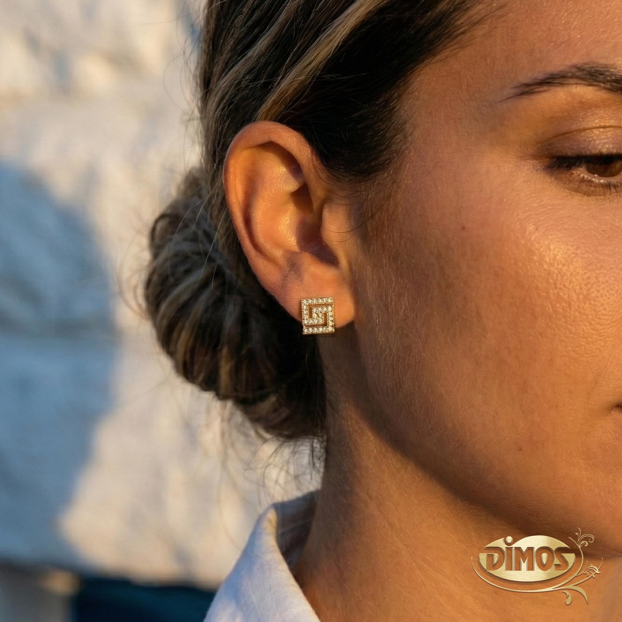 18k Gold Greek Key Stud Earrings with Diamonds