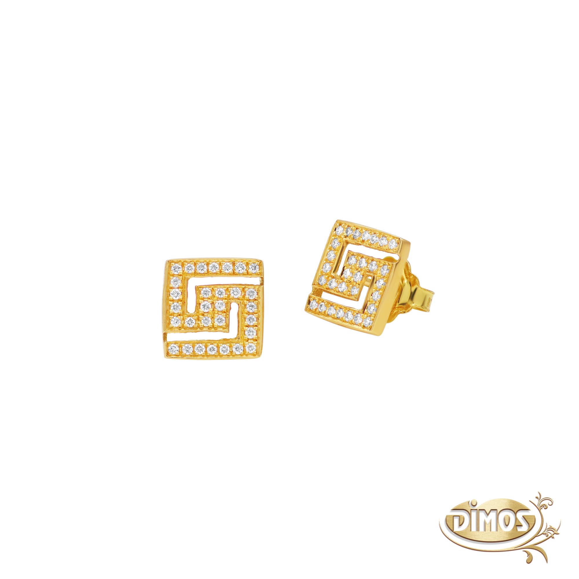 18k Gold Greek Key Stud Earrings with Diamonds