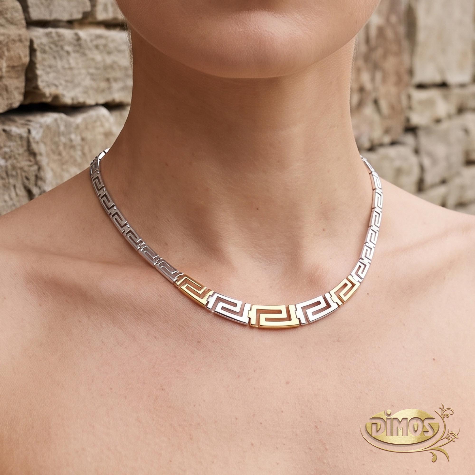 14k Gold and Silver Graduated Greek Key Necklace