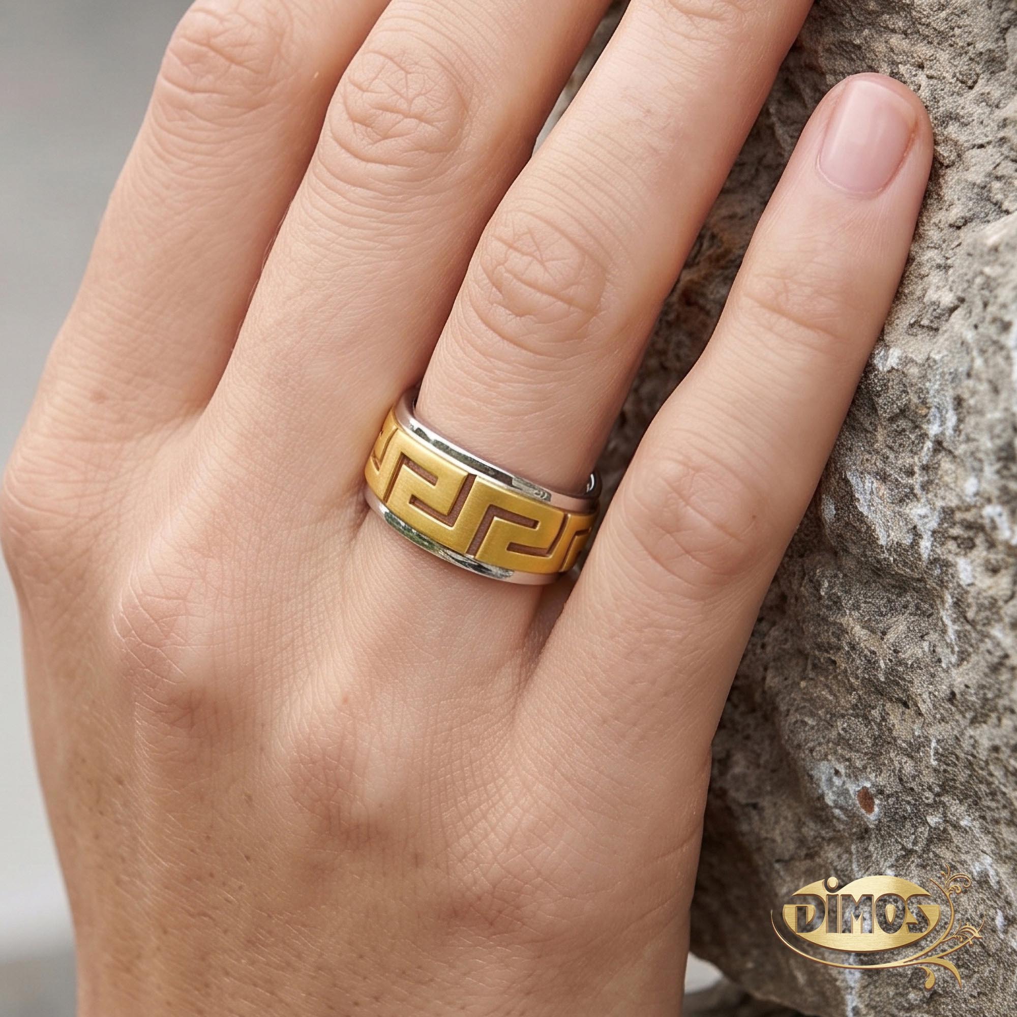 14k Matte Gold and Silver Meander Ring