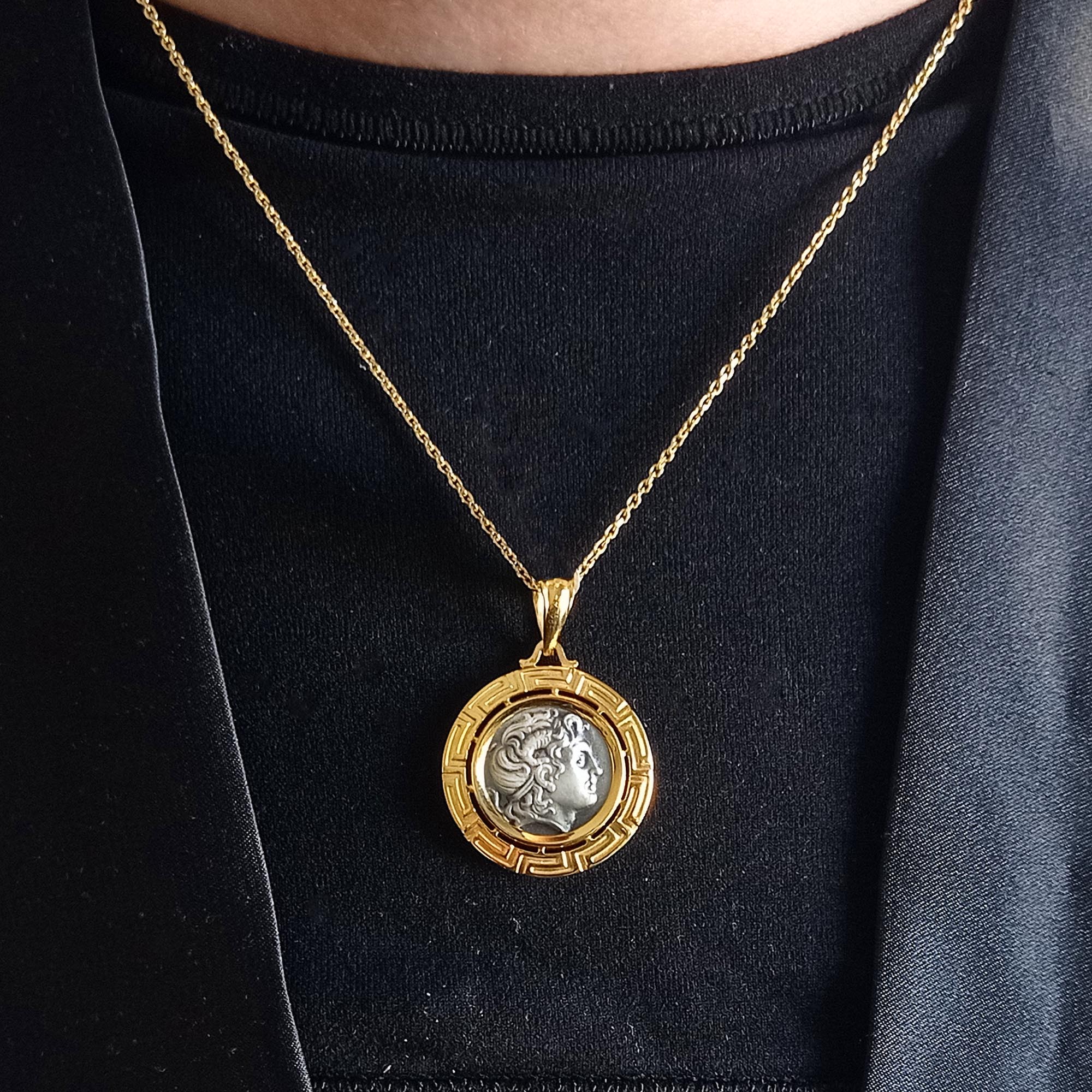 14k Gold Meander & Silver Alexander the Great Coin Pendant