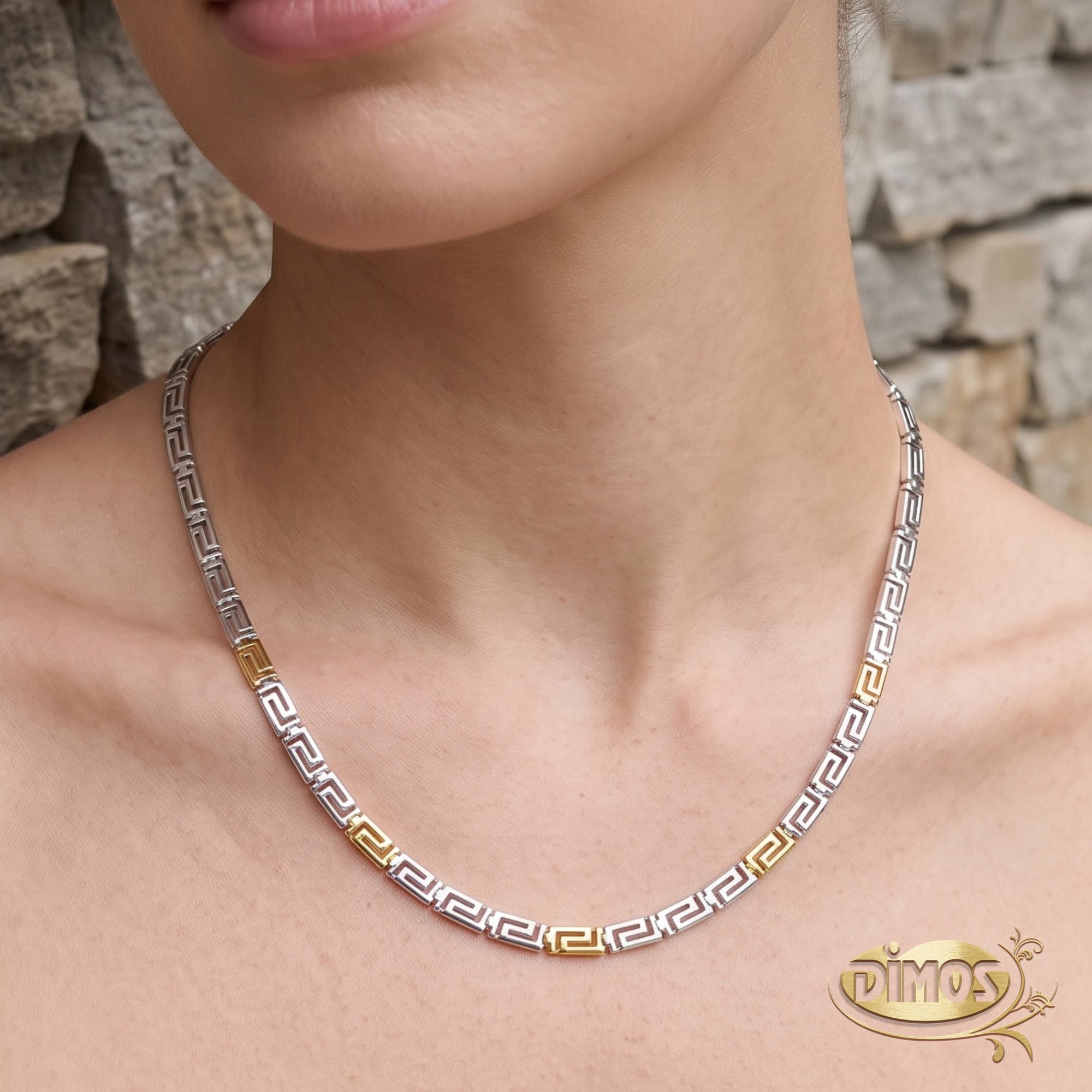 14k Gold and Silver Greek Key Necklace