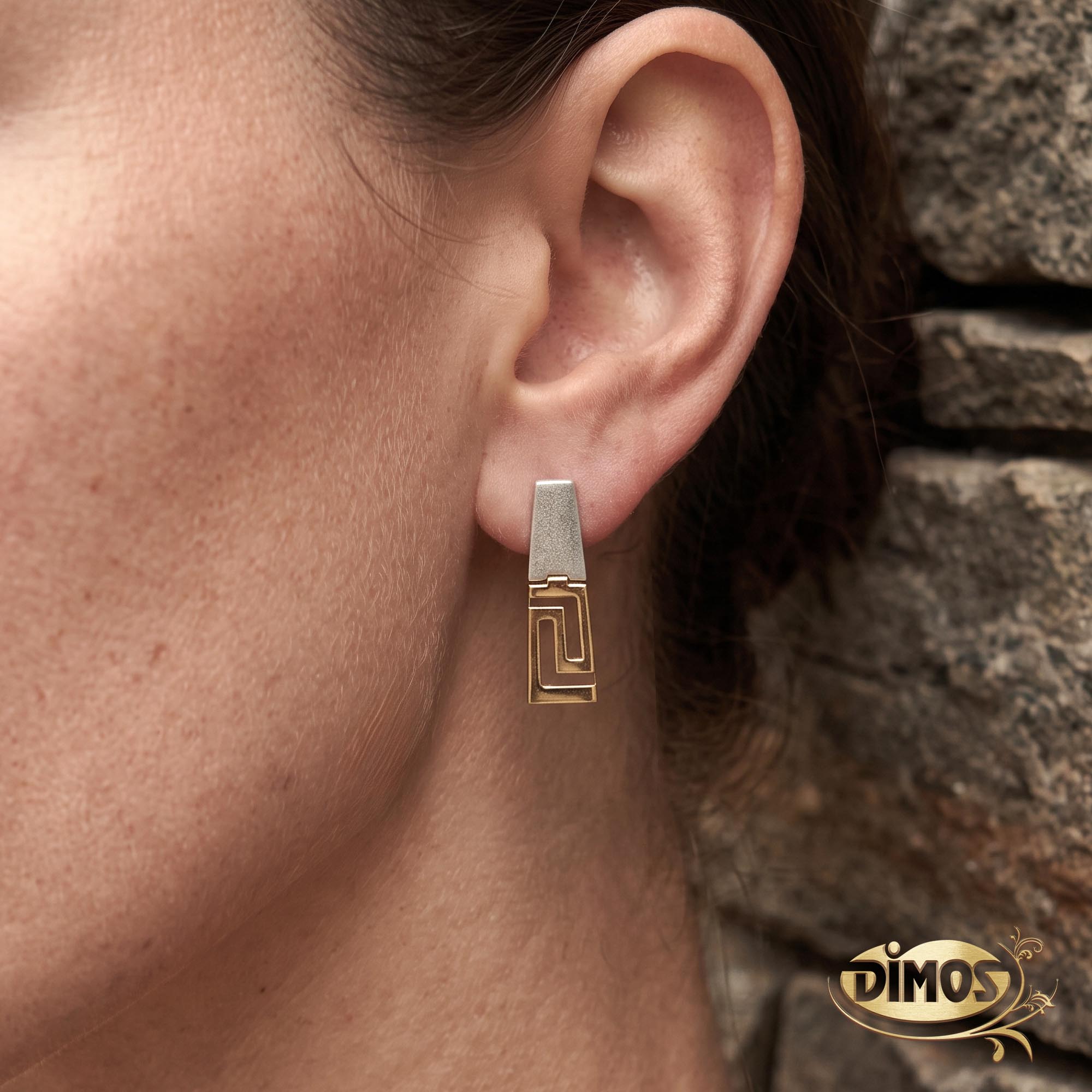 14k Gold and Matte Silver Greek Key Drop Earrings