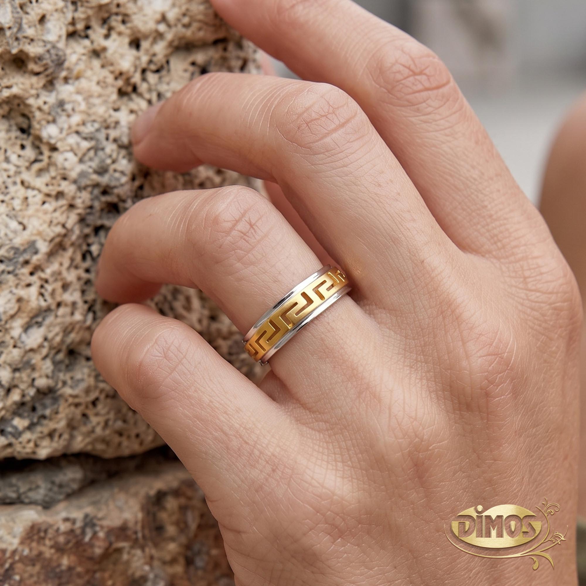 14k Gold and Silver Greek Key Dainty Band Ring