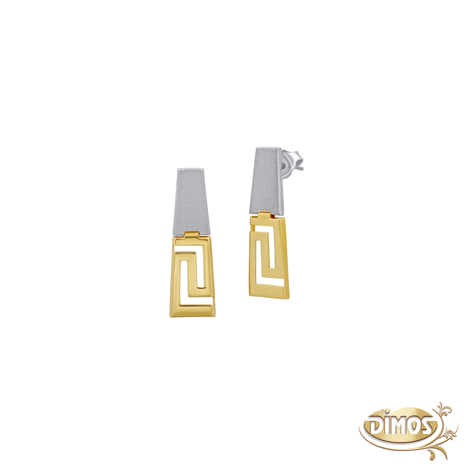 14k Gold and Matte Silver Greek Key Drop Earrings