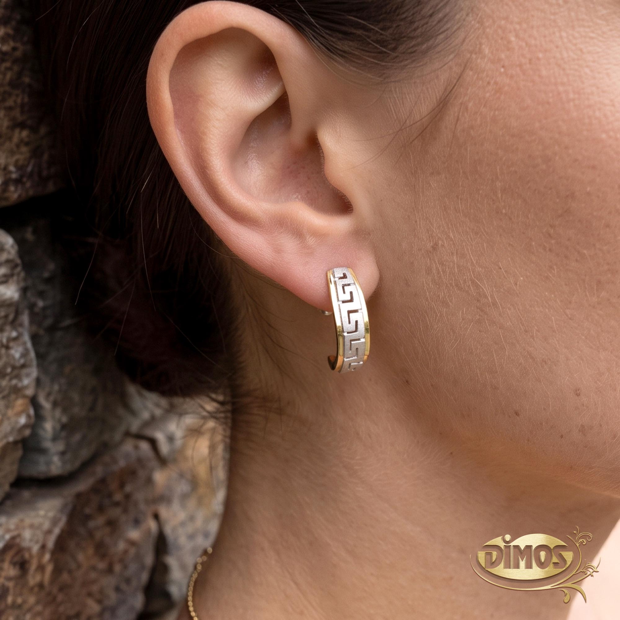 14k Gold and Silver Greek Key Earrings