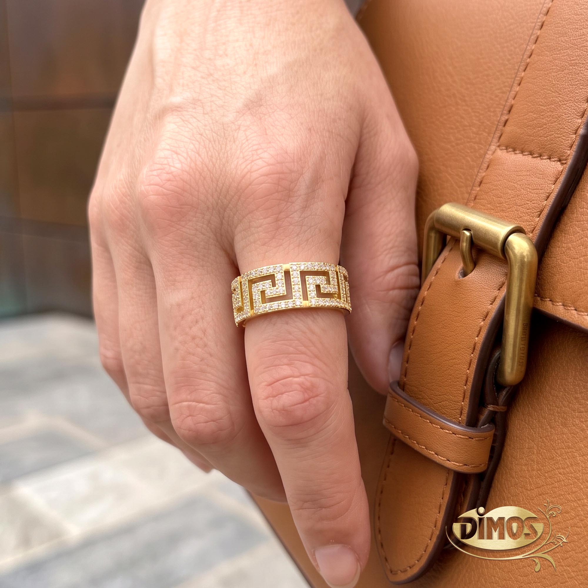 18k Yellow Gold Diamond Greek Key Ring